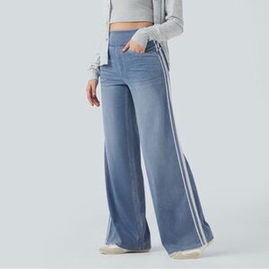 Halara Flex High Waisted Stripe Wide Leg Flowy Washed Casual Jeans with Pockets